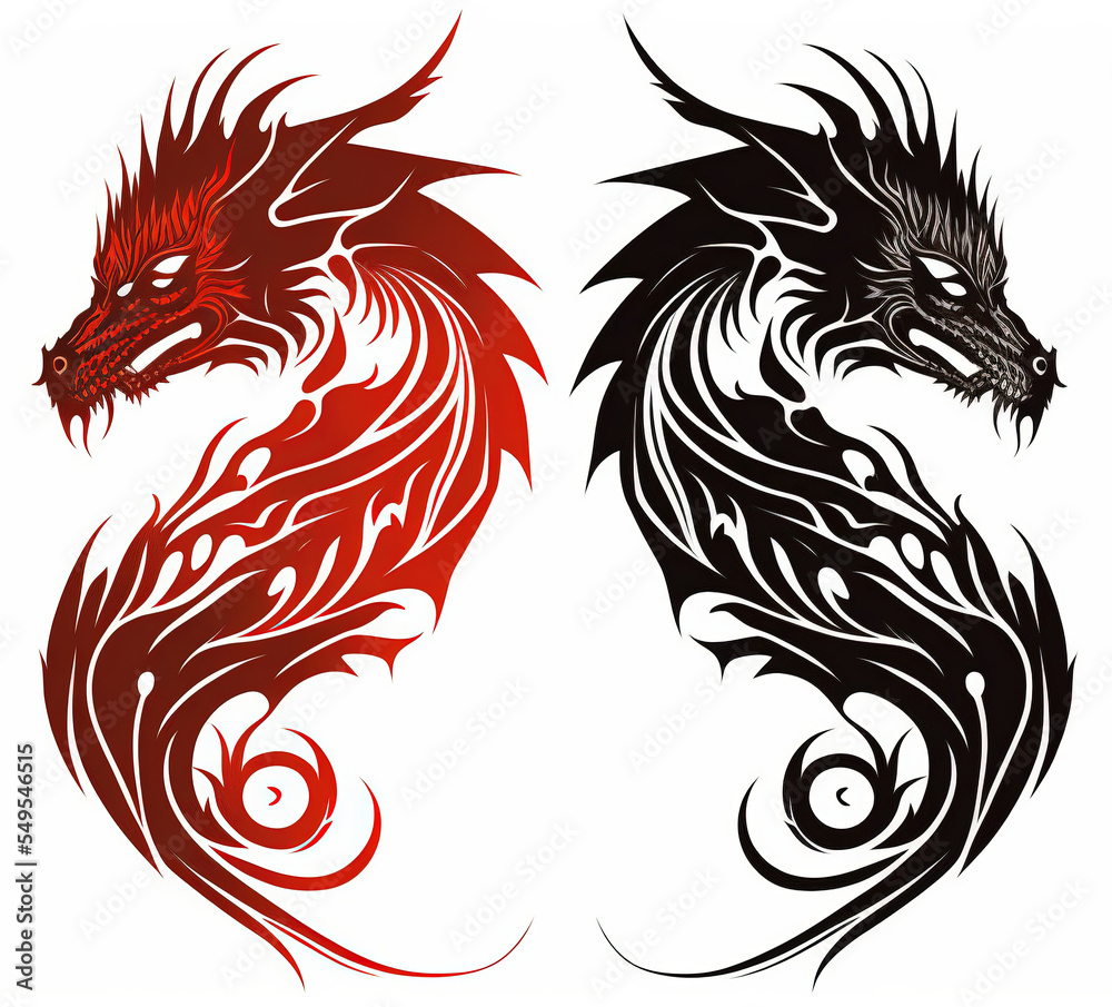 Obraz premium two dragon tattoos on a white background, one is red and the other is black and white, both have a dragon's head and tail