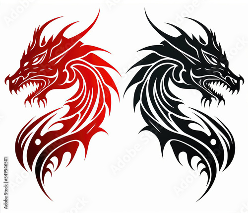 two dragon tattoos on a white background, one is red and the other is black and white, both have a dragon's head and tail