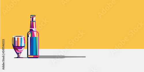 Vector illustration of a multi-colored beer bottle and a glass of beer in cubism style.