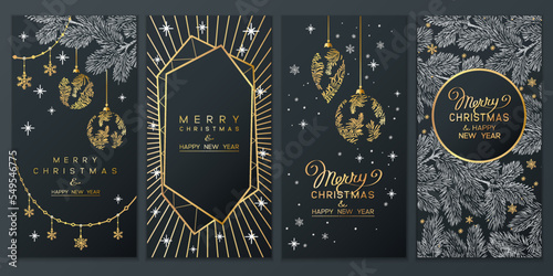 Christmas Poster set. Vector illustration of Christmas cards with branches of christmas tree. photo