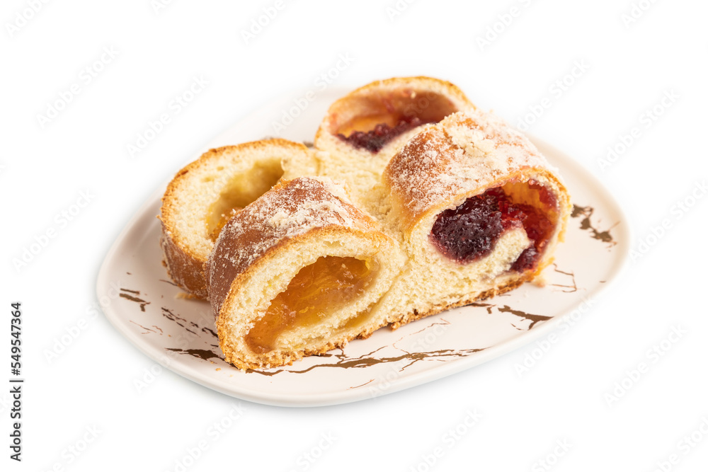 Homemade sweet bun with apricot jam isolated on white. side view. Homemade sweet bun with apricot jam isolated on white. side view.