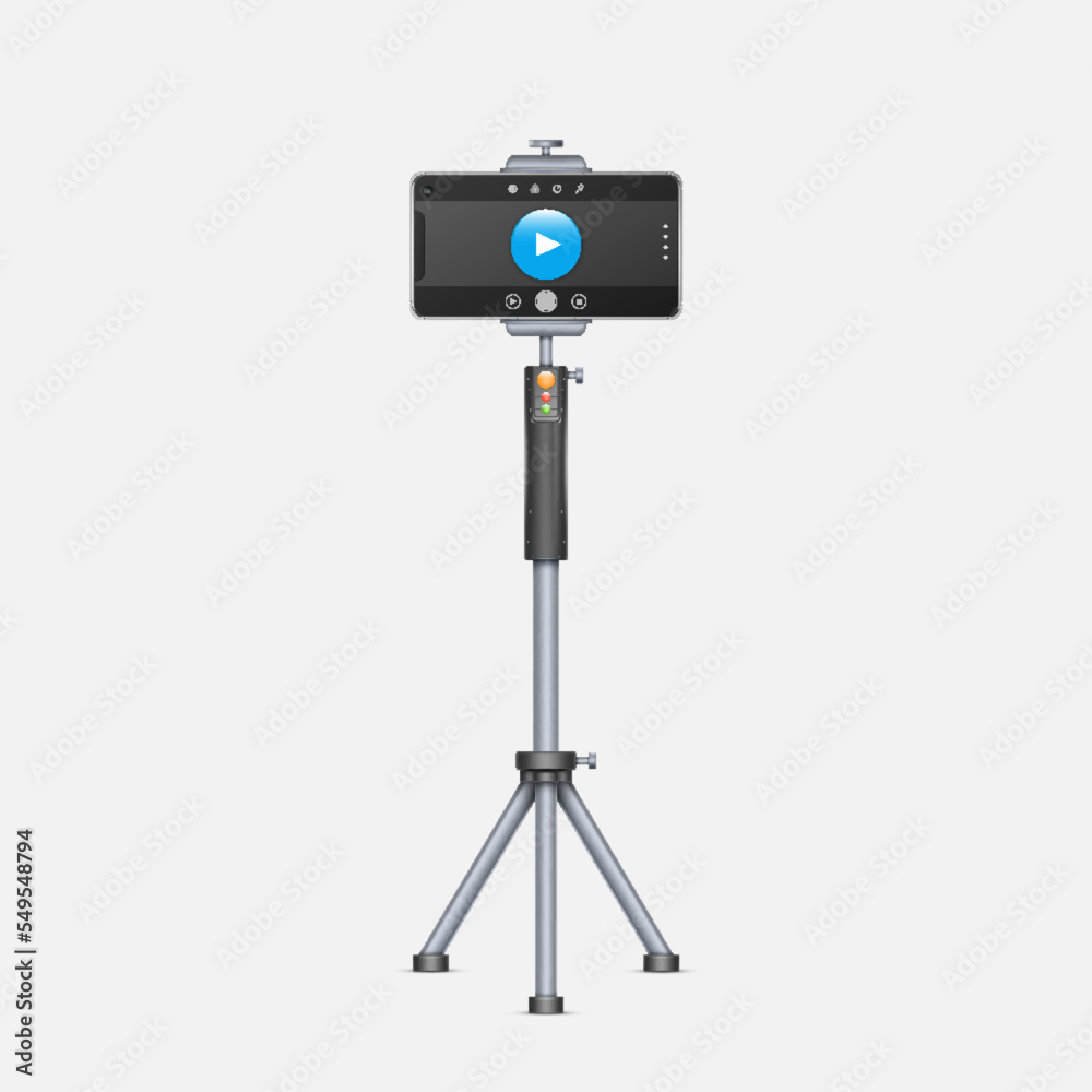 Smartphone with camera on tripod realistic. Mobile phone using for shooting content in studio Smartphone with camera on tripod realistic. Mobile phone using for shooting content in studio