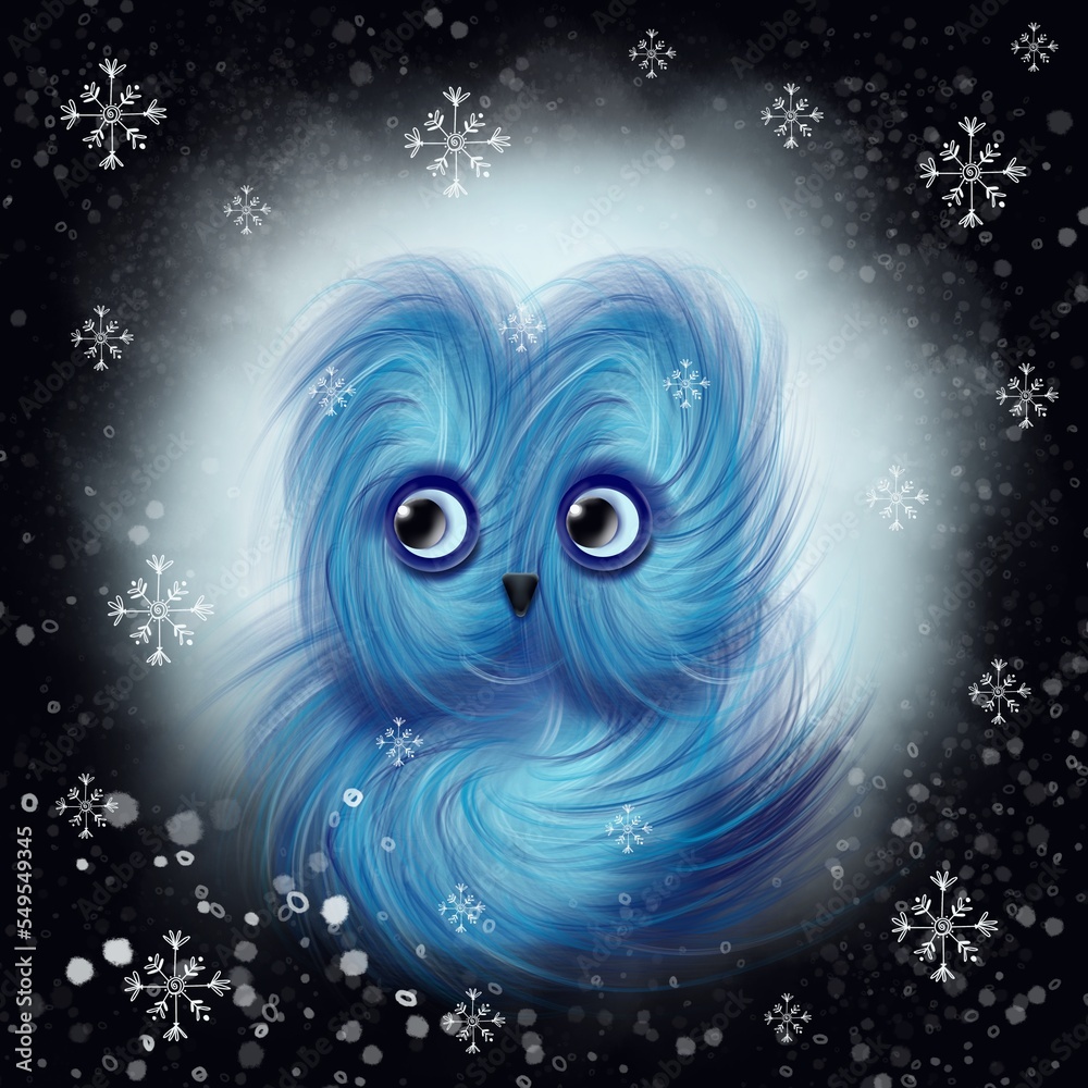 Fluffy monster owl in the snowy night with snowflakes on a background 