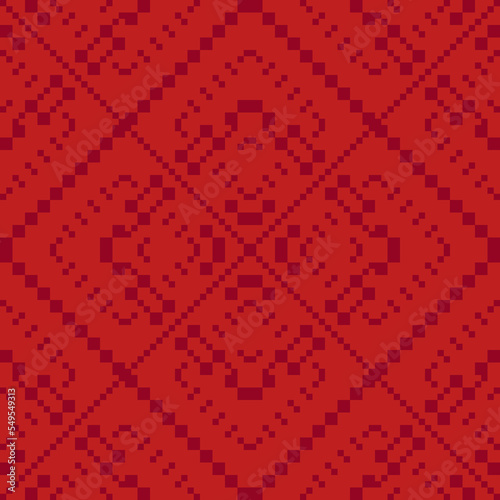 Vector geometric traditional folk ornament. Modern ethnic style seamless pattern. Red ornamental geo background with small squares, snowflakes, floral shapes, grid. Texture of embroidery, knitting