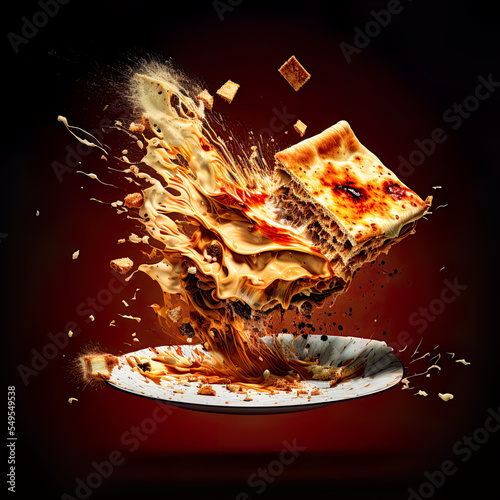 Exploding lasagne, great lasagne exploding from a place, black background, illustration, digital, food, lasagne, explosion