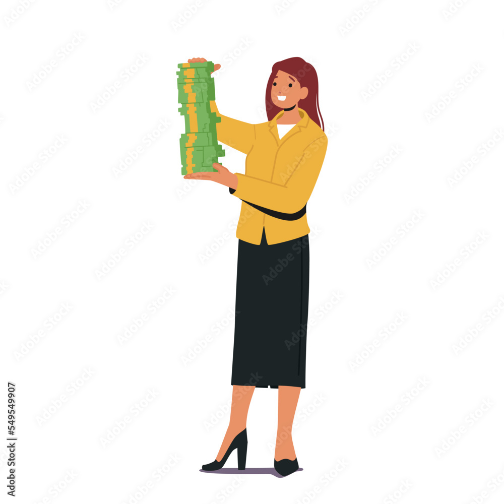 Happy Rich Business Woman Character Rejoice with Huge Stack of Dollar Banknotes. Successful Businesswoman Millionaire Happy Rich Business Woman Character Rejoice with Huge Stack of Dollar Banknotes. Successful Businesswoman Millionaire
