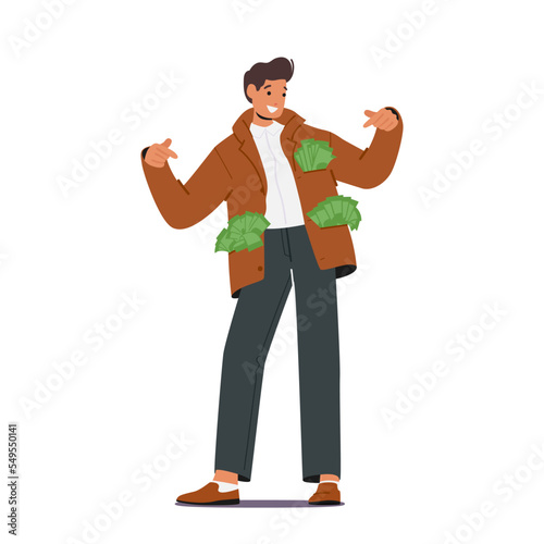 Happy Rich Male Character Presenting Pockets Full of Dollar Bills. Man Celebrate Win in Online Casino. Lucky Person