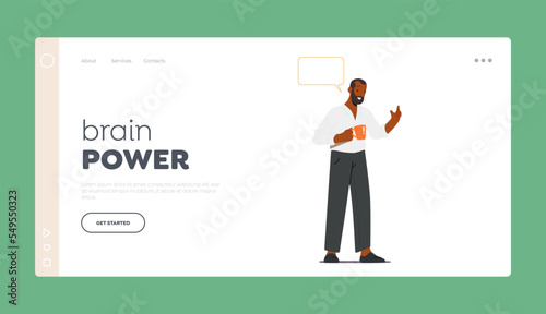 Brain Power Landing Page Template. Black Man Stand with Cup and Speech Bubble. Character Brainstorm, Coffee Break