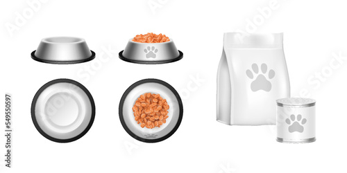 Packaging and feed bowl, pet food plates and packing 3d mockup. Blank bags, tin cans and crockery