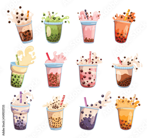 Set Of Bubble Tea Isolated On White Background. Tapioca Pearl Milk Tea, Boba Or Coffee Yummy Beverages In Cups