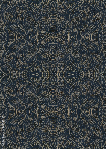 Hand-drawn unique abstract symmetrical seamless gold ornament on a deep blue background. Paper texture. Digital artwork, A4. (pattern: p03d)