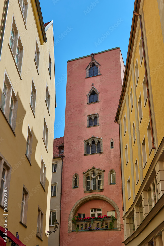 Red building in the center of Regensburg