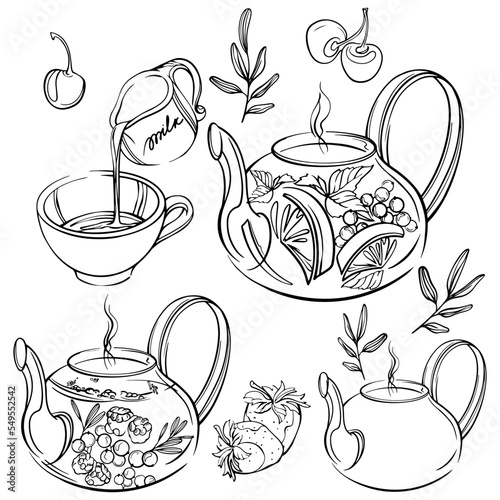 Hand drawn set with outline tea 