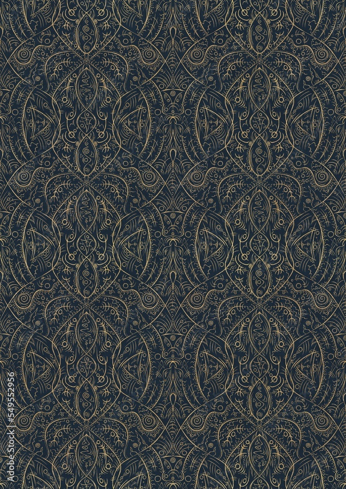 Hand-drawn unique abstract symmetrical seamless gold ornament on a deep blue background. Paper texture. Digital artwork, A4. (pattern: p08-2e)
