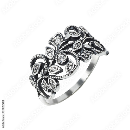 Cuadro en lienzo Silver elegant ring, isolated on light gray background with zirconium