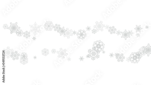 Snowflakes falling on white background. Horizontal Christmas and Happy New Year theme. Silver falling snowflakes for banner, gift card, party invitation, partner compliment and special business offers