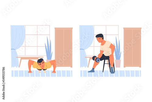 Man Character Doing Sport at Home in Plank and Dumbbell Vector Set