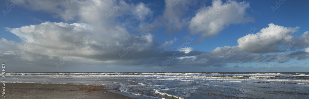 coast, north sea, beach, clouds, callantsoog, netherlands, waves, panorama, 