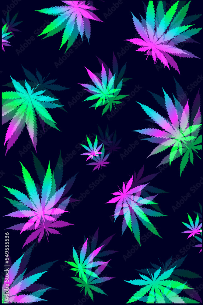 vector pattern of marijuana leaves in neon colors on a dark background, background wallpaper with cannabis, bright hallucinogenic effect