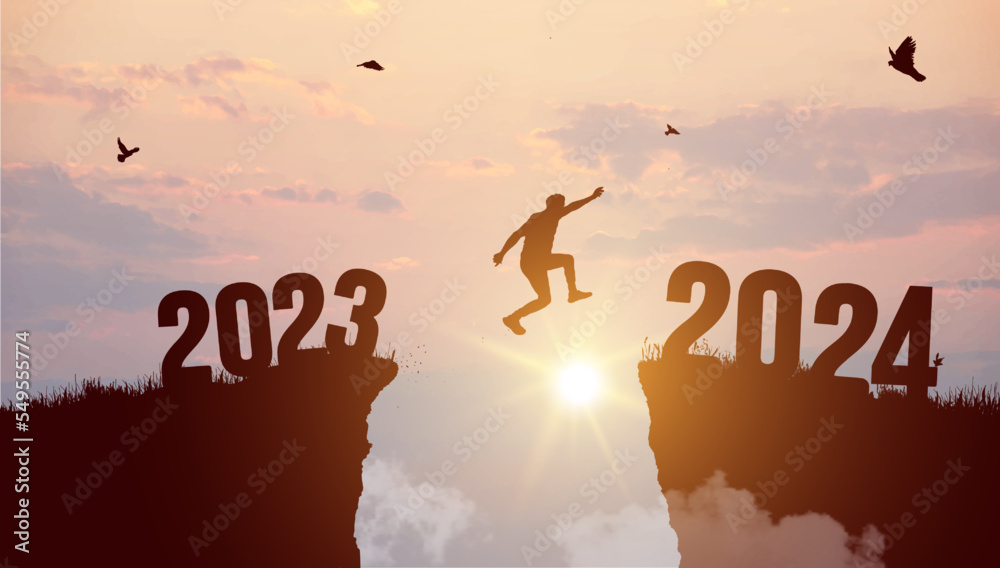 Welcome Merry Christmas and Happy New Year in 2024. Black silhouette man jumping from 2023 cliff to 2024 cliff with cloudy sky and sunlight. Vector illustration Welcome Merry Christmas and Happy New Year in 2024. Black silhouette man jumping from 2023 cliff to 2024 cliff with cloudy sky and sunlight. Vector illustration