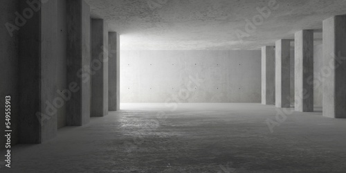 Abstract large, empty, modern concrete room, pillars on the left and right wall, light from back and rough floor - industrial interior background template