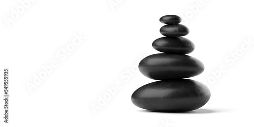 Stack of black zen pebbles or stones on white background with copy space  3D illustration  zen  spa or beauty therapy concept