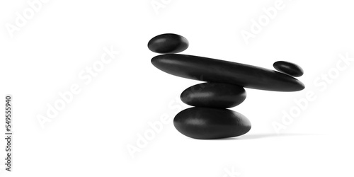 Photography Balancing scale stack of black zen pebbles or stones on white background with co