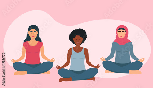 A group of women do yoga. Girls of different nations are sitting in the lotus position, meditating. Vector graphics.