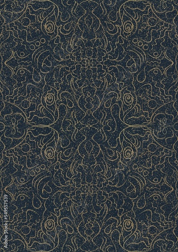 Hand-drawn unique abstract symmetrical seamless gold ornament with golden glittery splatter on a deep blue background. Paper texture. Digital artwork, A4. (pattern: p07-1d)