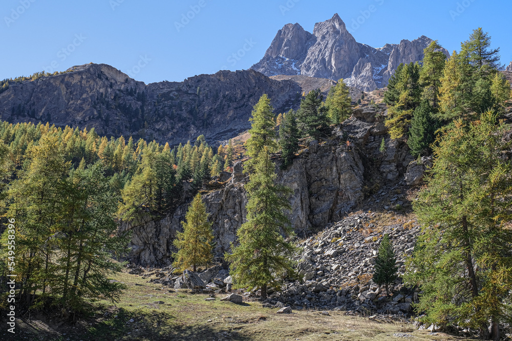 Obraz premium View of the scenic Valee de la Claree in the French Alps with Massif de Cerces mountains on either side of the valley, near Briancon, France