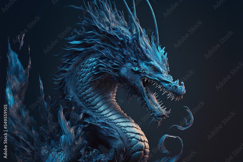 Epic blue dragon character portrait isolated on dark background Stock