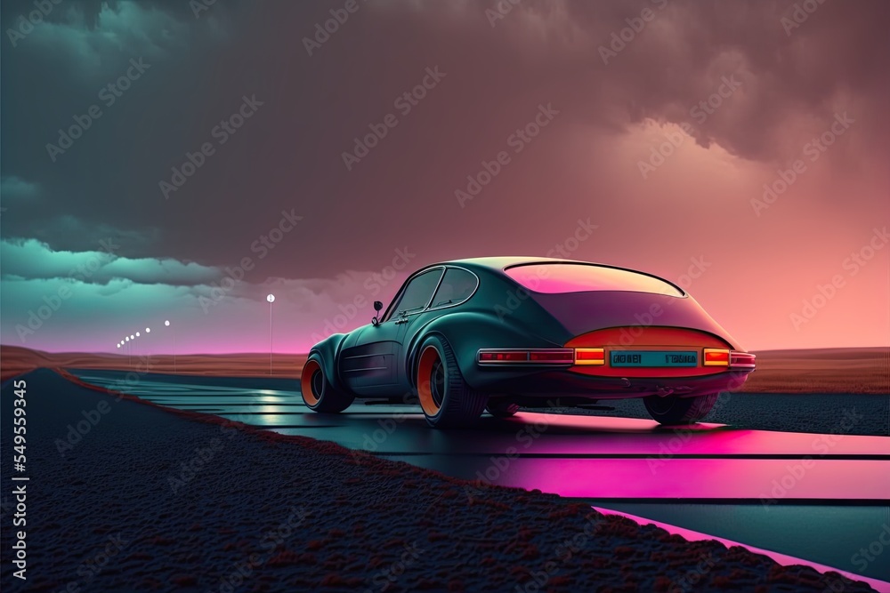 Cyberpunk retro wave vaporware car driving on the road Cyberpunk retro wave vaporware car driving on the road