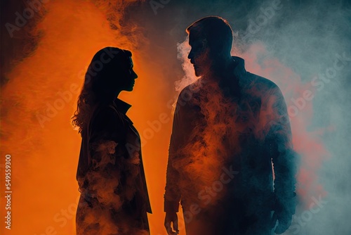Silhouette of couple in the smoke with dramatic lighting
