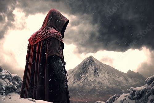 Hooded red cloak person in the winter mountains