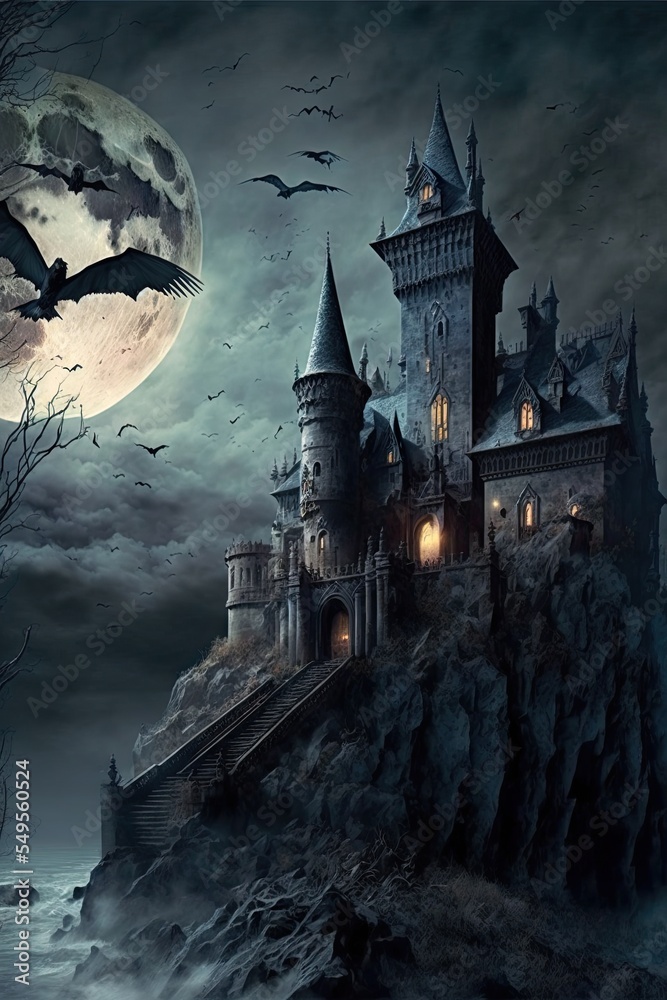 Haunted halloween castle in the woods with moon and bats