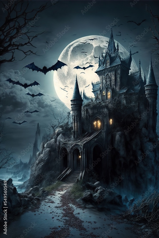 Haunted halloween castle in the woods with moon and bats