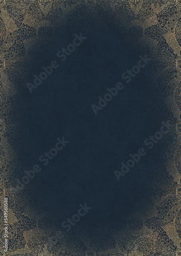 Deep blue textured paper with vignette of golden hand-drawn pattern with golden glittery splatter. Copy space. Digital artwork, A4. (pattern: p05e)