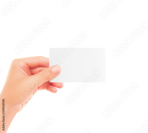 Hand holds out a business card. Vector illustration isolated on a white background. Can be used to present your product. EPS10.