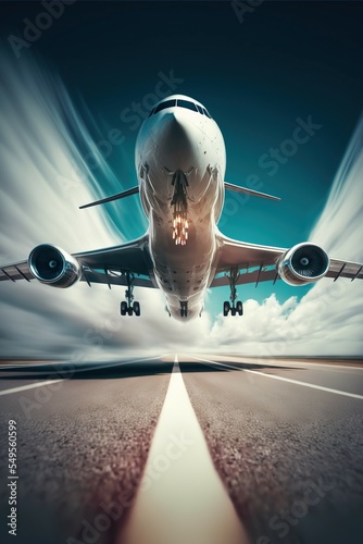 Airplane takeoff landing runway long exposure motion blur.