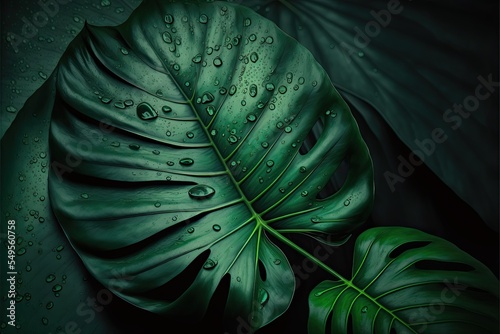 Foliage of tropical leaf in dark green with rain water drop on texture  abstract pattern nature background