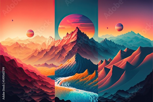 Colorful background of mountains, sky and lake