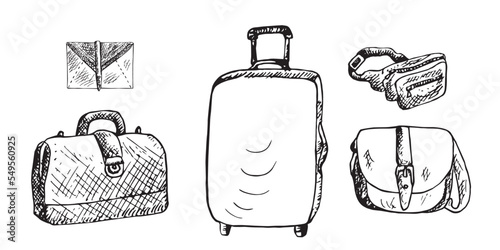Clutch (envelope), Doctors bag, Suitcase, Fanny (Belt) Pack and saddle bag, isolated hand drawn black and white outline doodle, sketch, bags set collection illustration