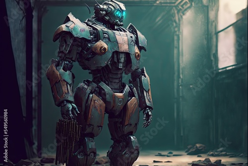 Giant mecha robot soldier contemplates life