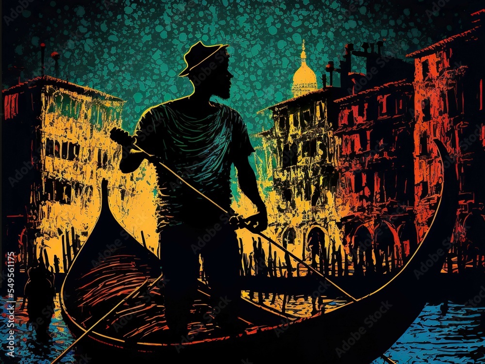 Mixed media, digital acrylic painting of Venice gondolier silhouette - obrazy, fototapety, plakaty 