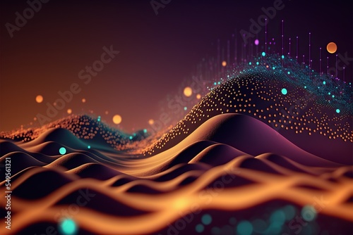 Dots on 3D wave landscape. Connection through technology background concept. Digital world, virtual reality, cyberspace, metaverse concept. Data science and digital particles.