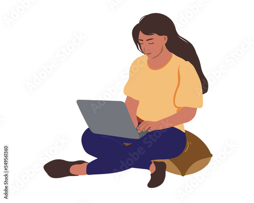 A young woman sits on the floor on a pillow with a laptop and reads, looks through documents, pays bills and reads a letter. Flat vector illustration.