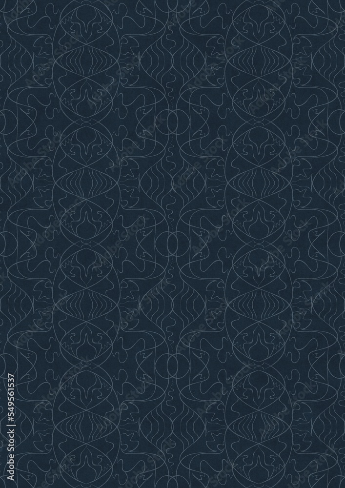 Hand-drawn unique abstract symmetrical seamless ornament. Light blue on a deep blue background. Paper texture. Digital artwork, A4. (pattern: p02-1e) Hand-drawn unique abstract symmetrical seamless ornament. Light blue on a deep blue background. Paper texture. Digital artwork, A4. (pattern: p02-1e)