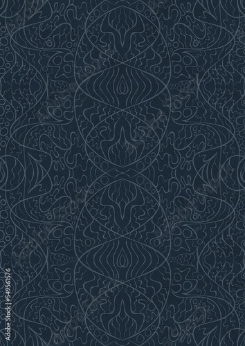 Hand-drawn unique abstract symmetrical seamless ornament. Light blue on a deep blue background. Paper texture. Digital artwork, A4. (pattern: p02-2d)