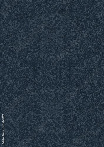 Hand-drawn unique abstract symmetrical seamless ornament. Light blue on a deep blue background. Paper texture. Digital artwork, A4. (pattern: p04d)