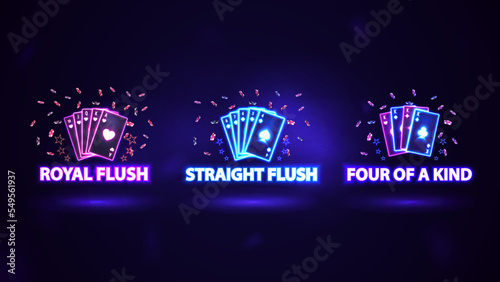 Neon poker hand rankings signs. Pink and blue shine neon casino playing cards